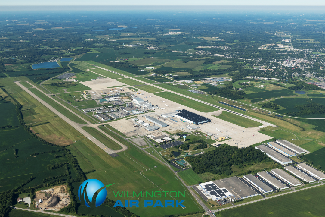 Aerial photograph of the Wilmington Air Park with the Air Park logo in the foreground
